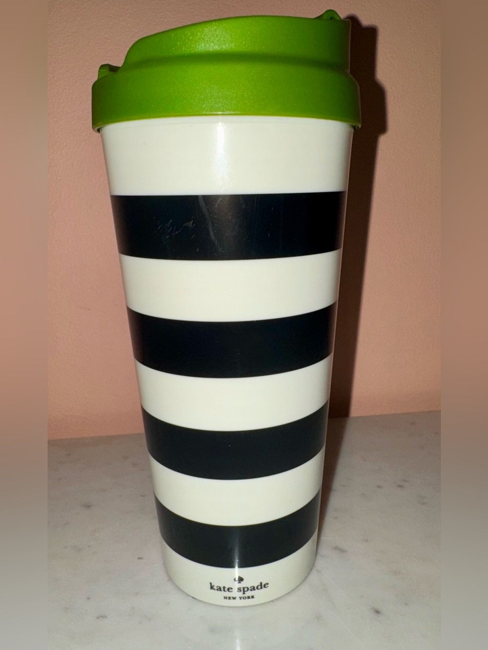 NEW Kate Spade Thermal Travel Mug. Black/White Stripes, Green Lid. 500ML